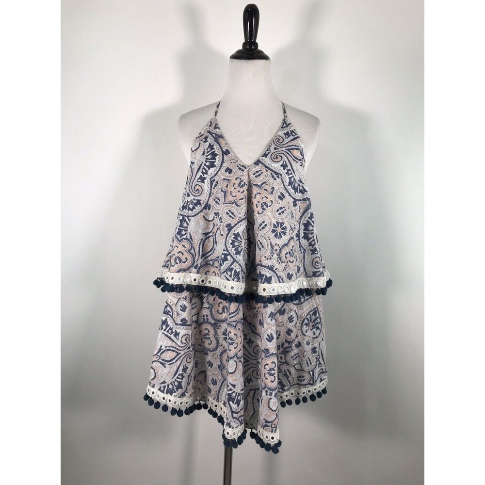 tularosa Evolette Dress XS Tiered Pom Pom Blue Paisley boho cottagecore festival - Picture 2 of 8